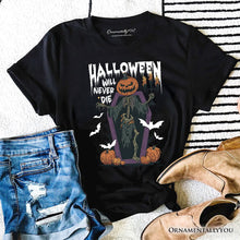 Carregar imagem no visualizador da galeria, Halloween Will Never Die T-Shirt, Vintage Pumpkin Coffin Skeleton Tee