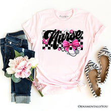 Carregar imagem no visualizador da galeria, Nurse Floral Coquette Pink Bow T-Shirt, Retro Stethoscope Checkered Tee