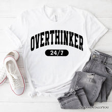 Carregar imagem no visualizador da galeria, Over Thinker 247 T-Shirt, Minimalist Collegiate White, Natural and Black Tee for Tired Women