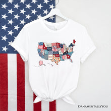 Carregar imagem no visualizador da galeria, Patriotic Patchwork USA T-Shirt, Quilted Map Tee for Americana Fans