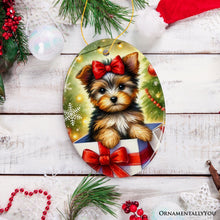 Carregar imagem no visualizador da galeria, Precious Yorkshire Terrier Christmas Gift Ornament, Sweet Holiday Scene Decor