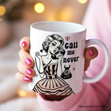 Carregar imagem no visualizador da galeria, Retro Anti-Valentine Pinup Girl Personalized Mug, Call Me Never Funny Gift With Custom Name