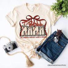 Load image into Gallery viewer, T-Ball Mama Coquette Red Bow T-Shirt, Retro White and Natural Tee for Proud Sports Moms