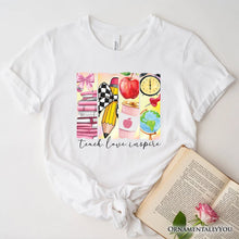 Carregar imagem no visualizador da galeria, Teach Love Inspire T-Shirt, Retro Brushstroke White, Natural, and Navy Tee for Passionate Teachers