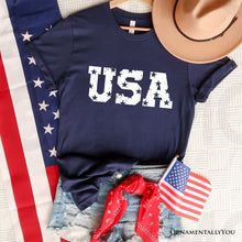 Load image into Gallery viewer, USA Block Letters T-Shirt, Vintage Patriotic Tee for Independence Day