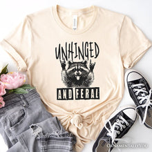 Load image into Gallery viewer, Unhinged and Feral Raccoon T-Shirt, Funny Rock Hands White and Natural Tee for Wild People