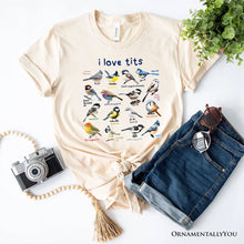 Load image into Gallery viewer, Whimsical Bird Tit T-Shirt, Funny Birdwatcher Tee Gift for Birder