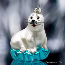 Carregar imagem no visualizador da galeria, White Seal on a Glacier Glass Christmas Ornament, Pinnipeds and Sea Lion Themed Decor