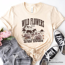 Carregar imagem no visualizador da galeria, Wild Flowers and Wild Horses T-Shirt, Retro Western White and Natural Tee for Free-Spirited Women
