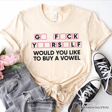 Load image into Gallery viewer, Would You Like To Buy A Vowel Puzzle T-Shirt, Funny Sarcastic White and Natural Tee for Witty Women