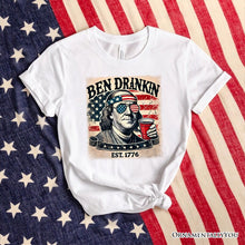 Load image into Gallery viewer, Ben Drankin Funny 4th of July T-Shirt, White, Navy and Black Patriotic Tee With Benjamin Franklin
