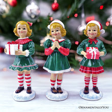 Load image into Gallery viewer, Elegant Victorian Christmas Girl Set of Three Figurines, 6" Holiday Home Decor