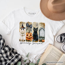 Carregar imagem no visualizador da galeria, Fall Spooky Season Brushstroke T-Shirt, Coquette Vintage Ghost, Cat and Pumpkin Tee