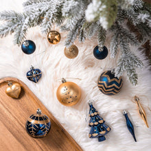 Carregar imagem no visualizador da galeria, Glam and Glittered Gold and Blue Elegant Christmas Ornament Set, 70 Assorted Balls, Trees, Snowflakes, and Royal Heart Pendants