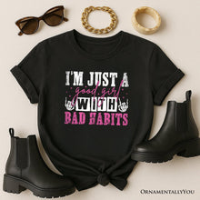 Carregar imagem no visualizador da galeria, Good Girl with Bad Habits T-Shirt, Grunge Pink and Skeleton Hands Navy, Black, and White Tee for Wild and Rebellious Women