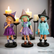 Carregar imagem no visualizador da galeria, Mystical Victorian Witch Sisters Set of Three Figurines, Enchanted 6" Statues for a Bewitching Halloween Tabletop Display