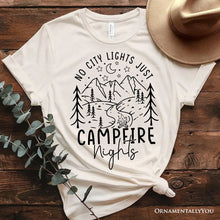Carregar imagem no visualizador da galeria, No City Lights Just Campfire Nights T-Shirt, White and Natural Camping Tee for Stargazing Campers