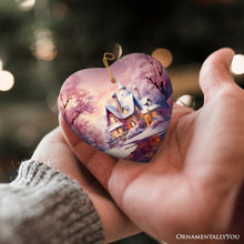 Carregar imagem no visualizador da galeria, Picturesque Snowy Evening House Illustration Christmas Ornament, Peaceful Holiday Home Decoration