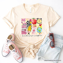 Carregar imagem no visualizador da galeria, Teach Love Inspire T-Shirt, Retro Brushstroke White, Natural, and Navy Tee for Passionate Teachers