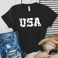 Load image into Gallery viewer, USA Block Letters T-Shirt, Vintage Patriotic Tee for Independence Day