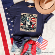 Load image into Gallery viewer, Ben Drankin Funny 4th of July T-Shirt, White, Navy and Black Patriotic Tee With Benjamin Franklin