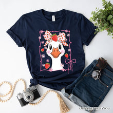 Cargar imagen en el visor de la galería, Coquette Goose with Strawberry Bow T-Shirt, Navy, Black and White Cute Tee