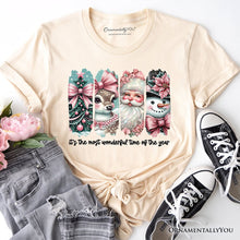 Load image into Gallery viewer, Coquette Pink Christmas T‑Shirt, It's The Most Wonderful Time Of The Year Vintage Tree, Reindeer, Santa and Snowman Tee