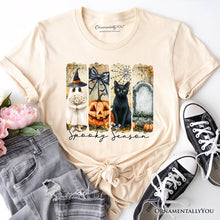 Carregar imagem no visualizador da galeria, Fall Spooky Season Brushstroke T-Shirt, Coquette Vintage Ghost, Cat and Pumpkin Tee