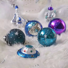 Carregar imagem no visualizador da galeria, Galactic Space Theme Glass Ornament Bundle, Purple Star Pattern Baubles, Astronaut, Spaceship, and UFO Decorations