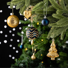 Carregar imagem no visualizador da galeria, Glam and Glittered Gold and Blue Elegant Christmas Ornament Set, 70 Assorted Balls, Trees, Snowflakes, and Royal Heart Pendants