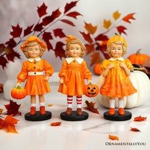 Carregar imagem no visualizador da galeria, Inviting Pumpkin Girl Trio Set of Figurines, 6" Victorian Autumn Fall and Halloween Table Decoration