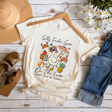 Carregar imagem no visualizador da galeria, Last Day Teacher Goose T-Shirt, Tropical Summer Break Navy, White, and Natural Tee for Fun and Quirky Educators