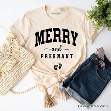Carregar imagem no visualizador da galeria, Merry and Pregnant T‑Shirt, Baby Announcement Christmas Tee for New Mom
