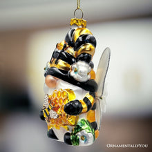Carregar imagem no visualizador da galeria, (Pre-Order) Sparkling Bee Gnome Glass Christmas Ornament, Bumblebee Themed Holiday Decor