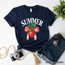 Carregar imagem no visualizador da galeria, Summer Vibes Strawberry T-Shirt, White, Natural and Navy Seasonal Tee with Coquette Style