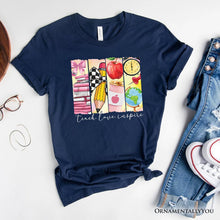Carregar imagem no visualizador da galeria, Teach Love Inspire T-Shirt, Retro Brushstroke White, Natural, and Navy Tee for Passionate Teachers