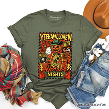 Load image into Gallery viewer, Yee Haw Halloween Retro Pumpkin Skeleton T-Shirt, Spooky Country Western Tee for Fall
