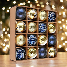 Carregar imagem no visualizador da galeria, Festive Gold and Frosted Blue Assorted Ornament Bauble Bundle, Set of 16 Elegant Christmas Balls