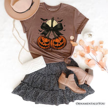 Carregar imagem no visualizador da galeria, Pumpkin Cherries Coquette Bow T-Shirt, Retro Halloween Fall Season Tee for Sweet Autumn Girls