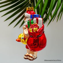Carregar imagem no visualizador da galeria, Santa on Summer Vacation in the Pool Quirky Glass Christmas Ornament, Rubber Duckey Tropical Holiday Decor