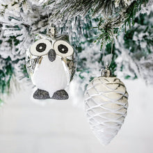 Carregar imagem no visualizador da galeria, Winter Woodlands Large White and Silver Ornament Set of 90, Glittery Snow Owls, Cones, Snowflakes, and Stalactites