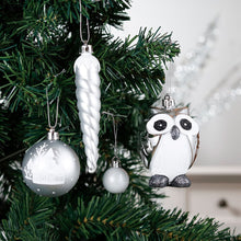 Carregar imagem no visualizador da galeria, Winter Woodlands Large White and Silver Ornament Set of 90, Glittery Snow Owls, Cones, Snowflakes, and Stalactites