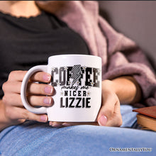 Cargar imagen en el visor de la galería, Coffee Makes Me Nicer Personalized Mug, Retro Caffeine Lovers Gift with Custom Name