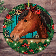 Load image into Gallery viewer, Elegant Brown Horse in Christmas Wreath Ornament