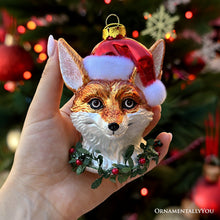 Carregar imagem no visualizador da galeria, Fox with Santa Hat Glass Christmas Ornament, Woodland Animal Wreath Gift Decor