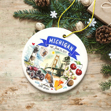 Load image into Gallery viewer, Artistic Michigan State Themes and Landmarks Christmas Ornament