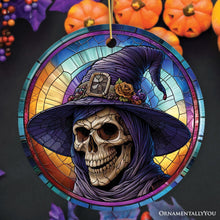 Carregar imagem no visualizador da galeria, Witchy Grin Skull with Hat and Scarf Stained Glass Style Ceramic Ornament, Halloween Themed Christmas Gift and Decor