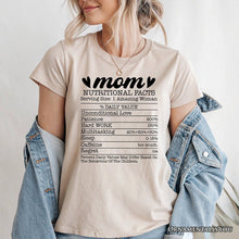 Carregar imagem no visualizador da galeria, Mom Nutritional Facts Funny T-Shirt, White and Natural Mom Life Tee for Exhausted and Caffeinated Mothers