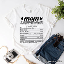Carregar imagem no visualizador da galeria, Mom Nutritional Facts Funny T-Shirt, White and Natural Mom Life Tee for Exhausted and Caffeinated Mothers