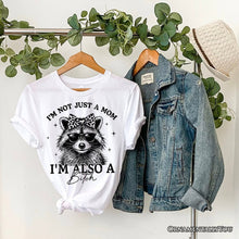 Carregar imagem no visualizador da galeria, Not Just a Mom Raccoon T-Shirt, Retro White Tee for Sarcastic and Unapologetic Mothers